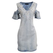 Vestido Jeans Bordado Com Pérolas E Strass Vestido Jeans Bordado Com Pérolas E Strass