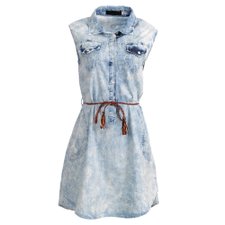 Vestido Jeans Manchado Sem Manga Com Cinto Vestido Jeans Manchado Sem Manga Com Cinto