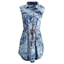 Vestido Jeans Manchado Sem Manga Com Cinto Vestido Jeans Manchado Sem Manga Com Cinto