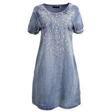 Vestido Jeans Com Perolas E Strass Vestido Jeans Com Perolas E Strass
