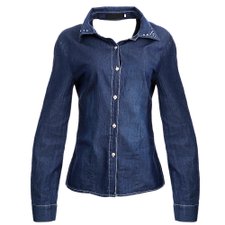 Camisa Jeans Com Strass E Decote "V" Nas Costas Camisa Jeans Com Strass E Decote "V" Nas Costas