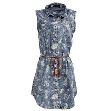 Vestido Jeans Florido Com Cinto e Gola Clássica Vestido Jeans Florido Com Cinto e Gola Clássica