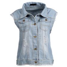Colete Jeans Desfiado Com Bolsos Frontais. Colete Jeans Desfiado Com Bolsos Frontais.