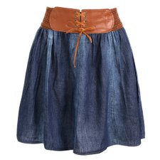 Saia Jeans Com Cinto Elástico E Amarração Saia Jeans Com Cinto Elástico E Amarração