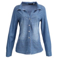 Camisa Jeans Social Com Strass E Gola Clássica Camisa Jeans Social Com Strass E Gola Clássica