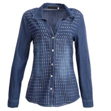 Camisa Jeans Social Com Strass E Gola Clássica Camisa Jeans Social Com Strass E Gola Clássica