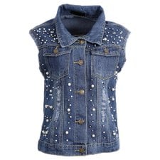 Colete Jeans Com Pedrarias E Bolsos Frontais Colete Jeans Com Pedrarias E Bolsos Frontais