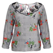 Blusa Plus Size Príncipe De Gales Floral Com Guipir Blusa Plus Size Príncipe De Gales Floral Com Guipir