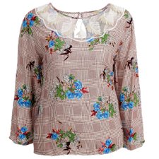 Blusa Plus Size Príncipe De Gales Floral Com Guipir Blusa Plus Size Príncipe De Gales Floral Com Guipir