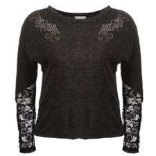 Blusa Plus Size Manga Longa Com Tule Rendado E Tachas Blusa Plus Size Manga Longa Com Tule Rendado E Tachas