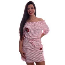 Vestido Listrado com Patches Florido e Cordão de Amarração Vestido Listrado com Patches Florido e Cordão de Amarração