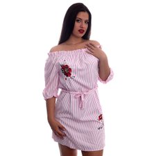 Vestido Listrado com Patches Florido e Cordão de Amarração Vestido Listrado com Patches Florido e Cordão de Amarração