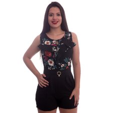 Macaquinho Estampado Com Babado E Cinto Decorativo Macaquinho Estampado Com Babado E Cinto Decorativo