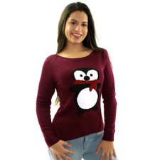 Suéter Roxo Feminino Com Estampa De Pinguim Suéter Roxo Feminino Com Estampa De Pinguim