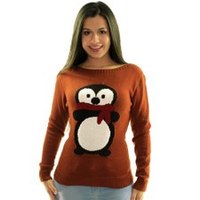 Suéter Marrom Feminino Com Estampa De Pinguim Suéter Marrom Feminino Com Estampa De Pinguim