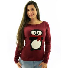 Suéter Feminino Com Estampa De Pinguim Vinho Suéter Feminino Com Estampa De Pinguim Vinho