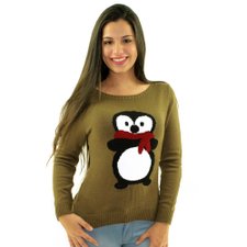 Suéter Caqui Feminino Com Estampa De Pinguim Suéter Caqui Feminino Com Estampa De Pinguim