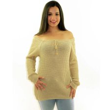 Blusa Bege De Tricot Metálico Manga Longa Com Amarração Blusa Bege De Tricot Metálico Manga Longa Com Amarração