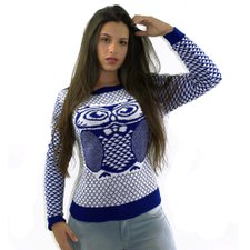 Suéter Azul Claro De Linho Estampa Animal Com Mosaíco Suéter Azul Claro De Linho Estampa Animal Com Mosaíco