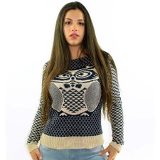 Suéter Azul De Linho Estampa Animal Com Mosaíco Suéter Azul De Linho Estampa Animal Com Mosaíco