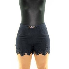 Short Com Barra Rendada E Fivela Metálica Azul Escuro Short Com Barra Rendada E Fivela Metálica Azul Escuro