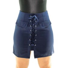 Saia Lisa Azul Escuro Com Ilhós Trançados Frontal Saia Lisa Azul Escuro Com Ilhós Trançados Frontal