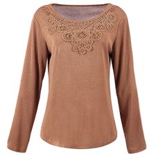 Blusa Caqui Decote Rendado E Bordado Em Pérolas Blusa Caqui Decote Rendado E Bordado Em Pérolas