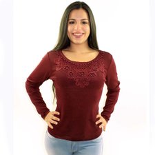 Blusa Vinho Feminina Decote Rendado E Bordado Em Pérolas Blusa Vinho Feminina Decote Rendado E Bordado Em Pérolas