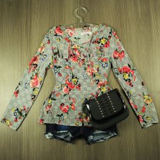 Blusa Vermelha Manga Longa Estampa Xadrez Com Babado Blusa Vermelha Manga Longa Estampa Xadrez Com Babado