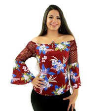 Blusa Ciganinha Vermelha Floral Com Manga Longa Flare Rendada Blusa Ciganinha Vermelha Floral Com Manga Longa Flare Rendada