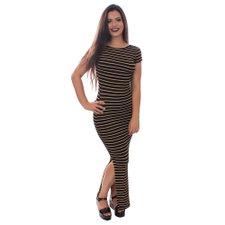 Vestido Azul Escuro Longo Canelado Listrado Manga Curta Vestido Azul Escuro Longo Canelado Listrado Manga Curta