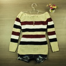 Blusa Bege Tricot Lã Listrada Ombro A Ombro Blusa Bege Tricot Lã Listrada Ombro A Ombro