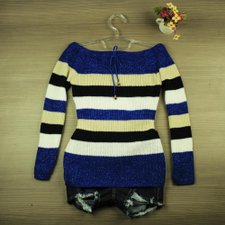 Blusa Azul Feminina Tricot Lã Listrada Ombro A Ombro Blusa Azul Feminina Tricot Lã Listrada Ombro A Ombro