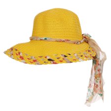 Chápeu Amarelo Praia Trançado Com Laço Floral Chápeu Amarelo Praia Trançado Com Laço Floral