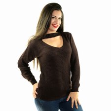 Suéter Café Feminino De Tricot Gola Choker Suéter Café Feminino De Tricot Gola Choker