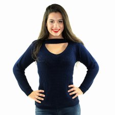 Suéter Azul Escuro Feminino De Tricot Gola Choker Suéter Azul Escuro Feminino De Tricot Gola Choker