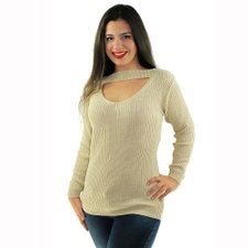 Suéter Bege Feminino De Tricot Gola Choker Suéter Bege Feminino De Tricot Gola Choker