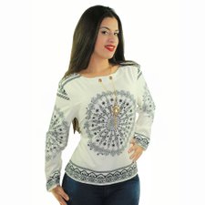 Blusa Branca Feminina Estampada Manga Longa Com Pingente Compre