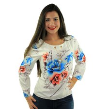 Blusa Laranja Feminina Estampada Manga Longa Com Pingente Blusa Laranja Feminina Estampada Manga Longa Com Pingente