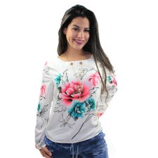 Blusa Rosa Feminina Estampada Manga Longa Com Pingente Blusa Rosa Feminina Estampada Manga Longa Com Pingente
