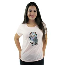 Camiseta Baby Look Feminina Estampa De Coruja Em Alto Relevo Camiseta Baby Look Feminina Estampa De Coruja Em Alto Relevo