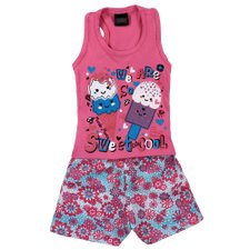 Conjunto Infantil Rosa Regata Com Glitter + Short Floral Conjunto Infantil Rosa Regata Com Glitter + Short Floral
