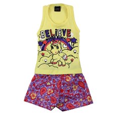 Conjunto Infantil Amarelo Regata Com Glitter + Short Floral Conjunto Infantil Amarelo Regata Com Glitter + Short Floral