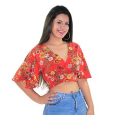 Cropped Floral Manga Flare Com Amarração Nas Costas Cropped Floral Manga Flare Com Amarração Nas Costas