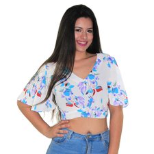 Cropped Feminino Floral Flare Com Amarração Nas Costas Cropped Feminino Floral Flare Com Amarração Nas Costas