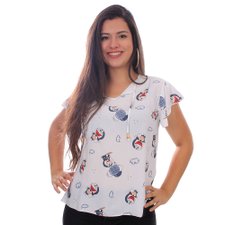 Bata Feminina Floral Com Manga Curta Choker E Amarração Bata Feminina Floral Com Manga Curta Choker E Amarração