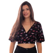 Cropped Estampado Feminino Decotado Com Amarração Cropped Estampado Feminino Decotado Com Amarração