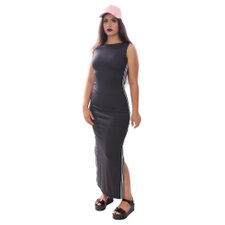 Vestido Regata Longo Canelado Com Listra E Fenda Lateral Vestido Regata Longo Canelado Com Listra E Fenda Lateral