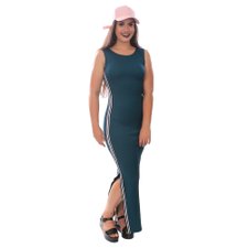 Vestido Regata Longo Canelado Com Listra E Fenda Lateral Vestido Regata Longo Canelado Com Listra E Fenda Lateral