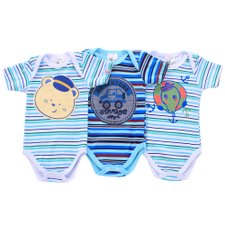 Kit Bebê 3 Body's Masculino Estampa Listrada Com Bichinhos Kit Bebê 3 Body's Masculino Estampa Listrada Com Bichinhos